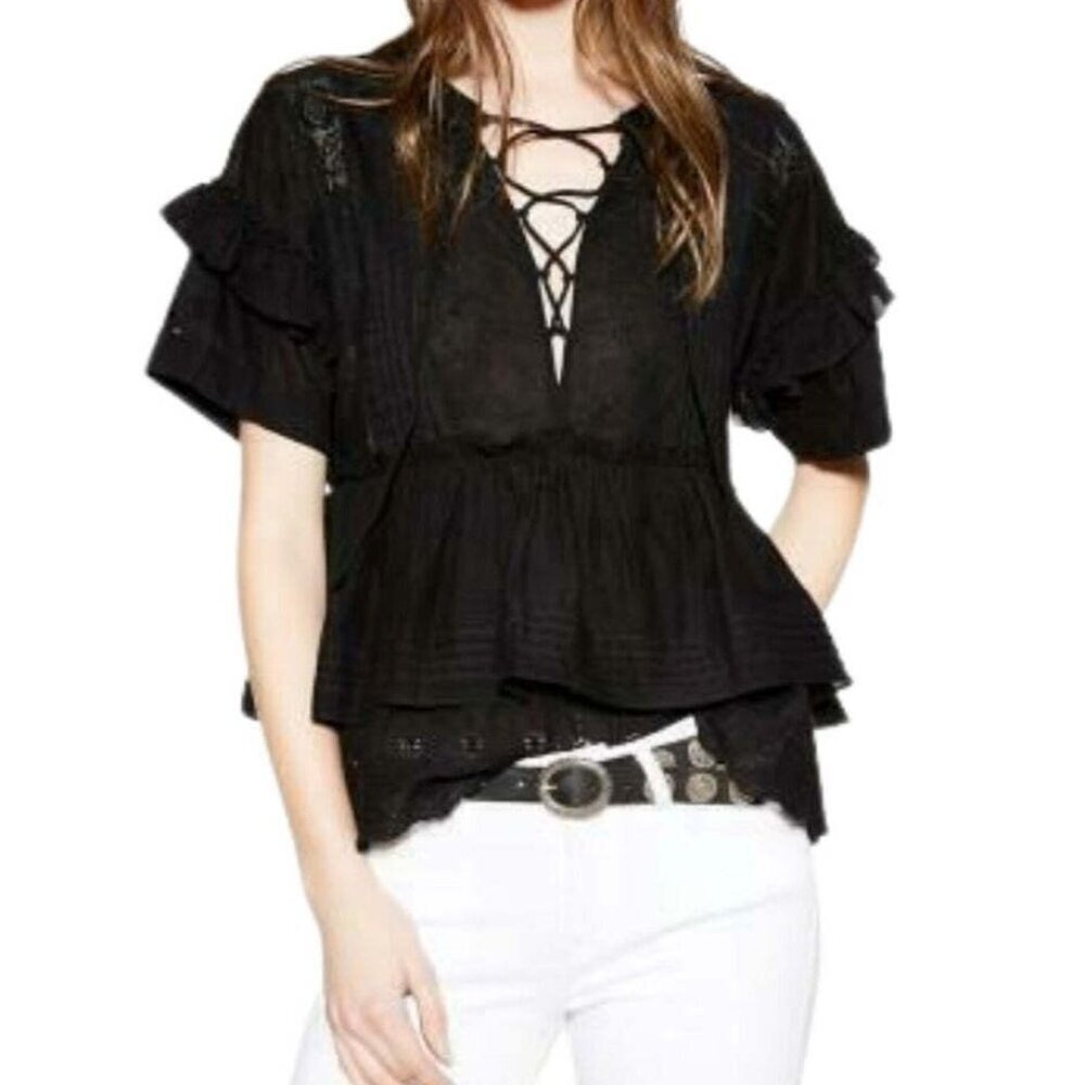 The Kooples Embroidered Cotton Ruffle Blouse Black Broderie Womens XS